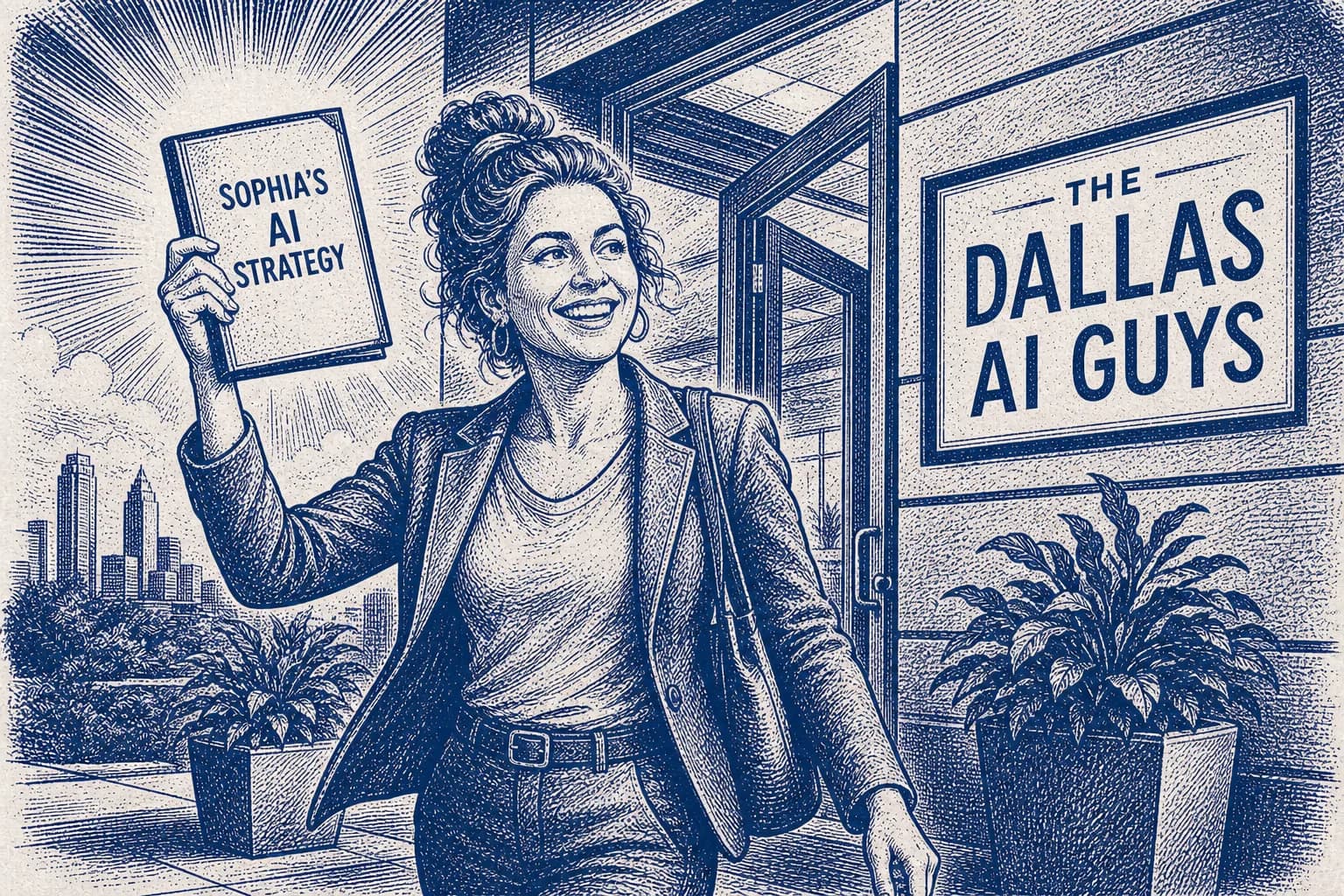 Sophia walking out of the Dallas AI Guys office with her personalized AI strategy
